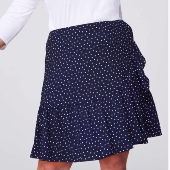 LOFT Navy Polka Dot Ruffle Wrap Skirt Size 6 - Picture 1 of 8